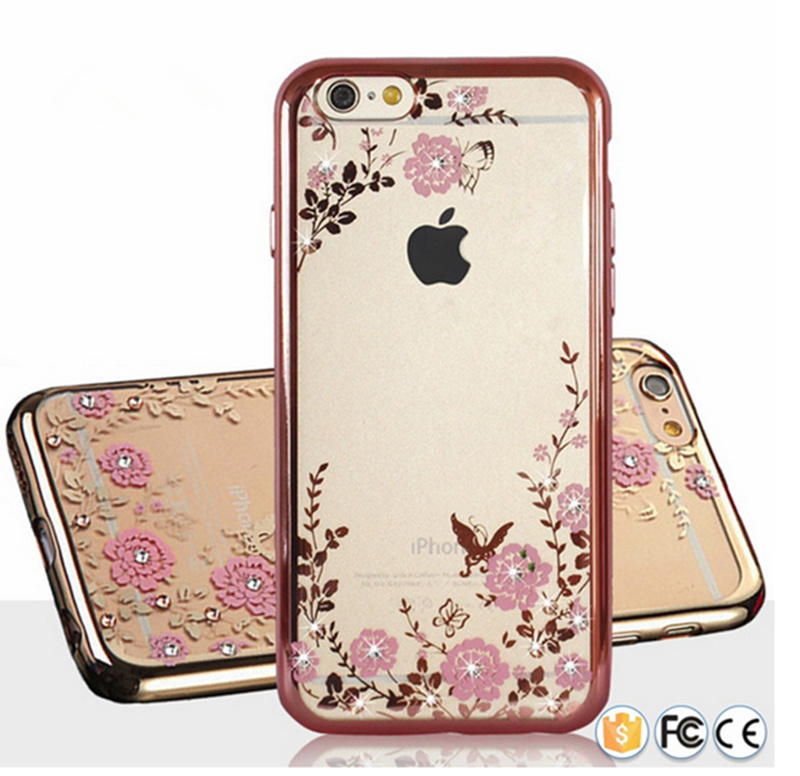 Cheap Price Mobile Phone Accessory Ultra Transparent TPU Case with Luxury Crystal Diamond Gold Housing Back Cover for iPhone 6 Plus