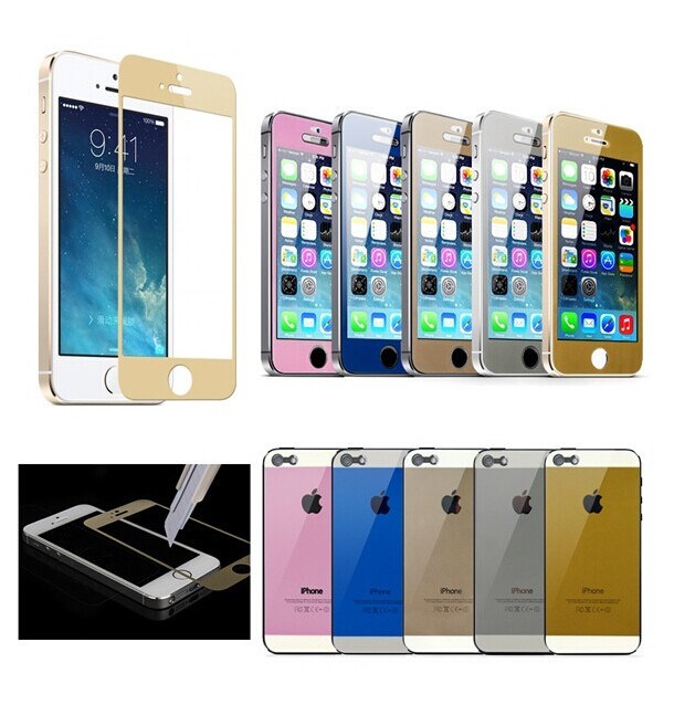 Color Tempered Glass Screen Protector+Back Sticker for iPhone 5 5s (Gold, blue, pink, white)