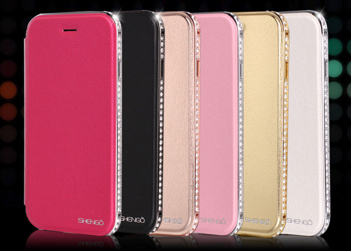 Dual-Use Metal Leather Case with Detachable Diamond Bumper for iPhone6