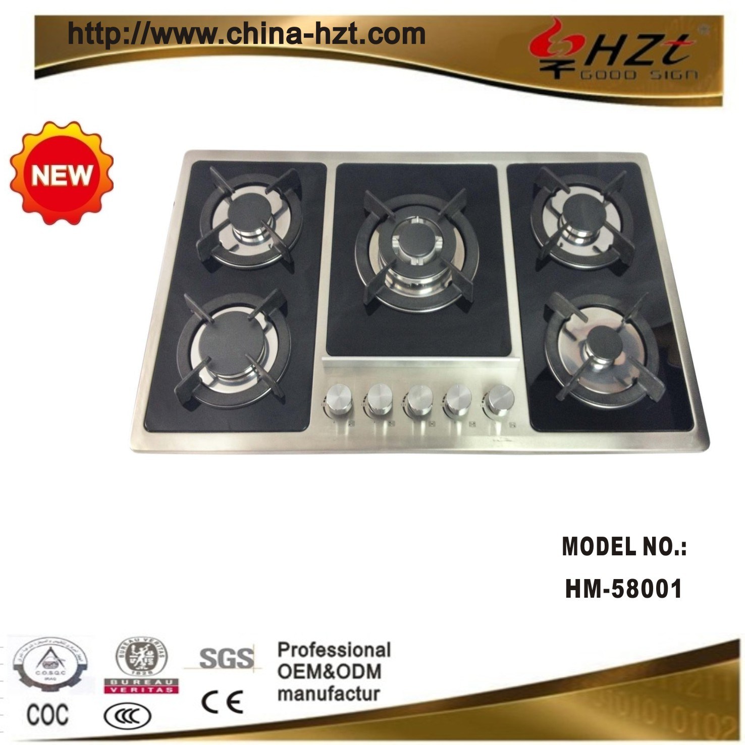 Hot Sale 86cm 5 Burner Gas Stove