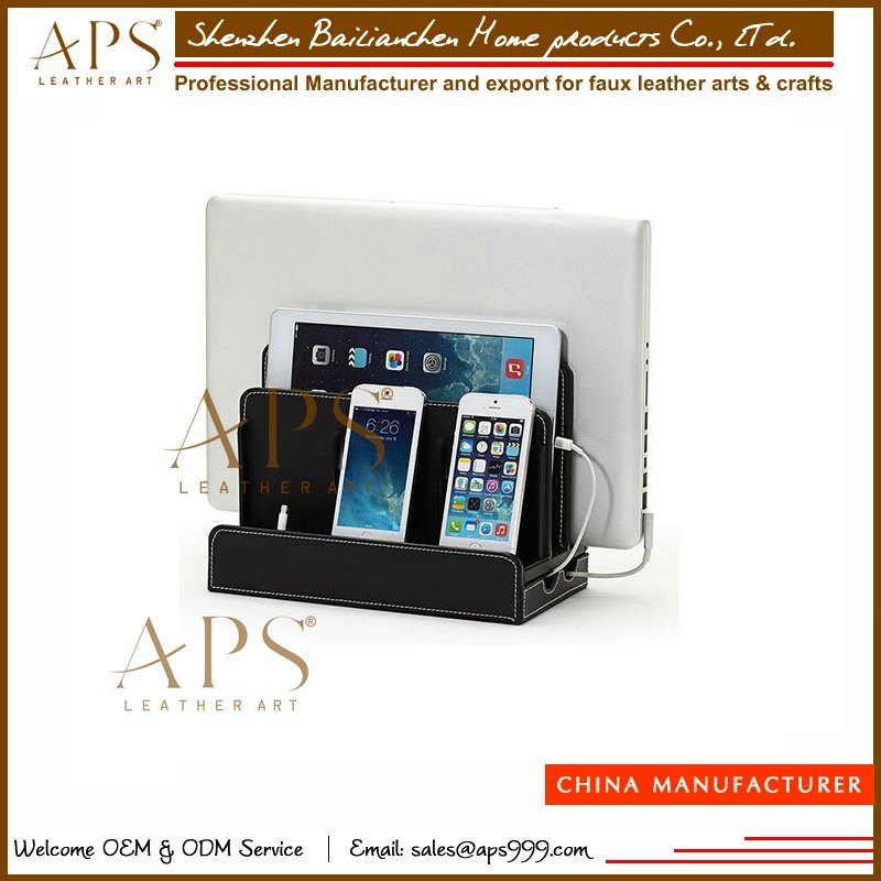 Desktop PU Leather Valet Cell Mobile Phone Charging Station Valet